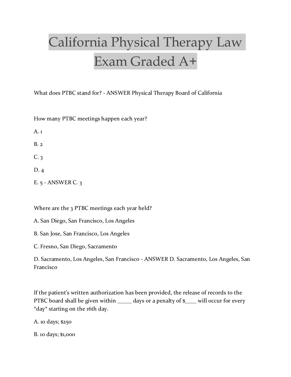 Preview of California Physical Therapy Law Exam Graded A+